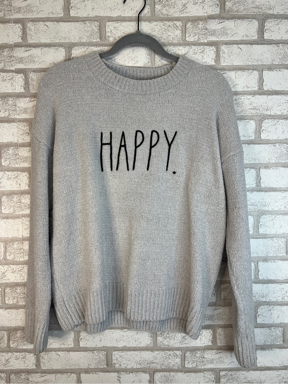 Rae Dunn Gray Crewneck Sweater with BLACK 'HAPPY.' Text